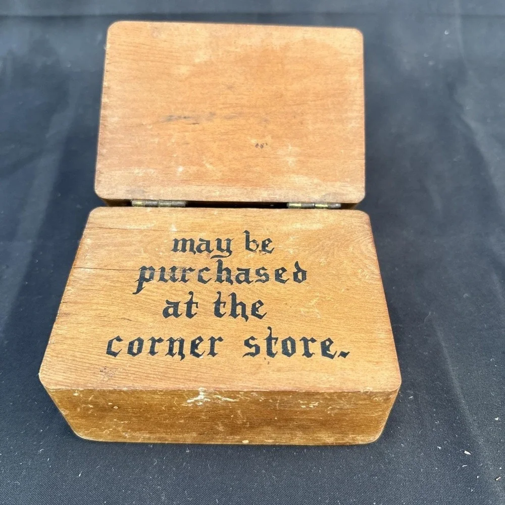 Vintage Wooden Cigarette Box Storage Case Corner Store Joke Graphic